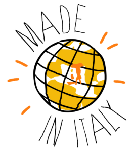 Elemento decorativo. Disegno del globo con i continenti in giallo ed evidenziata l'Italia in arancione. Scritta "Made in Italy" che incornicia il globo.